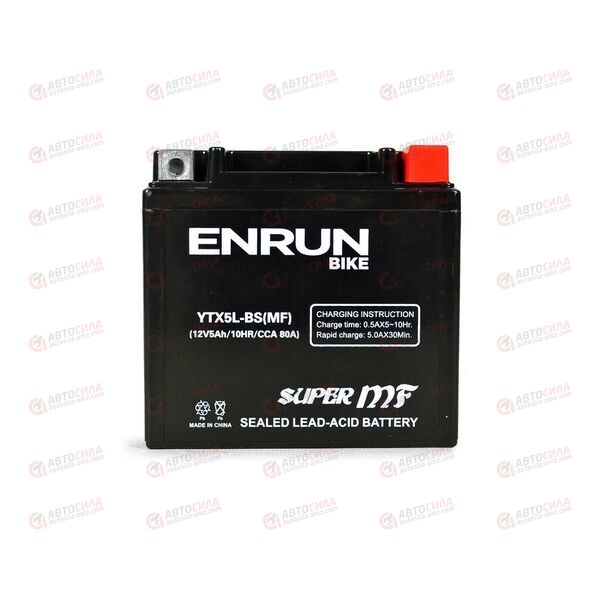 АКБ ENRUN MOTO 12V/5Ah (R+) (MF) (AGM) (пт 80) (YTX5L-BS) (113x70x106) (1шт, уп.10 шт) , изображение 2